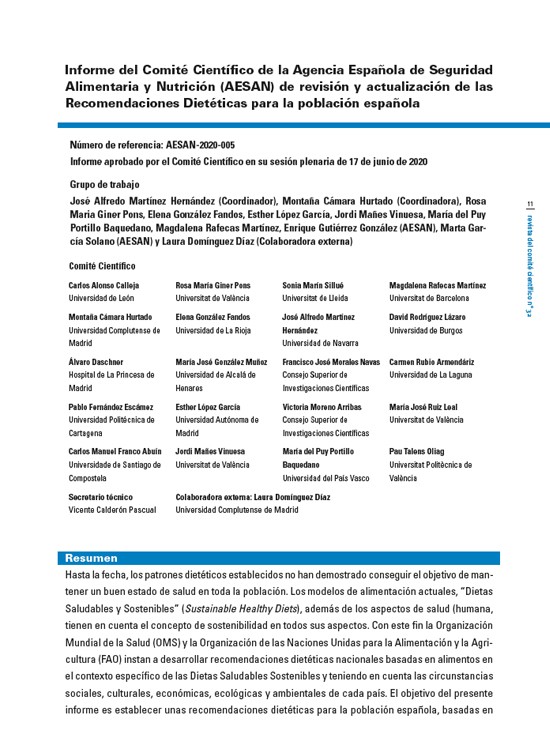 Informe del Comité Científico de la Agencia Española de Seguridad Alimentaria y Nutrición (AESAN) de revisión y actualización de las Recomendaciones Dietéticas para la población española